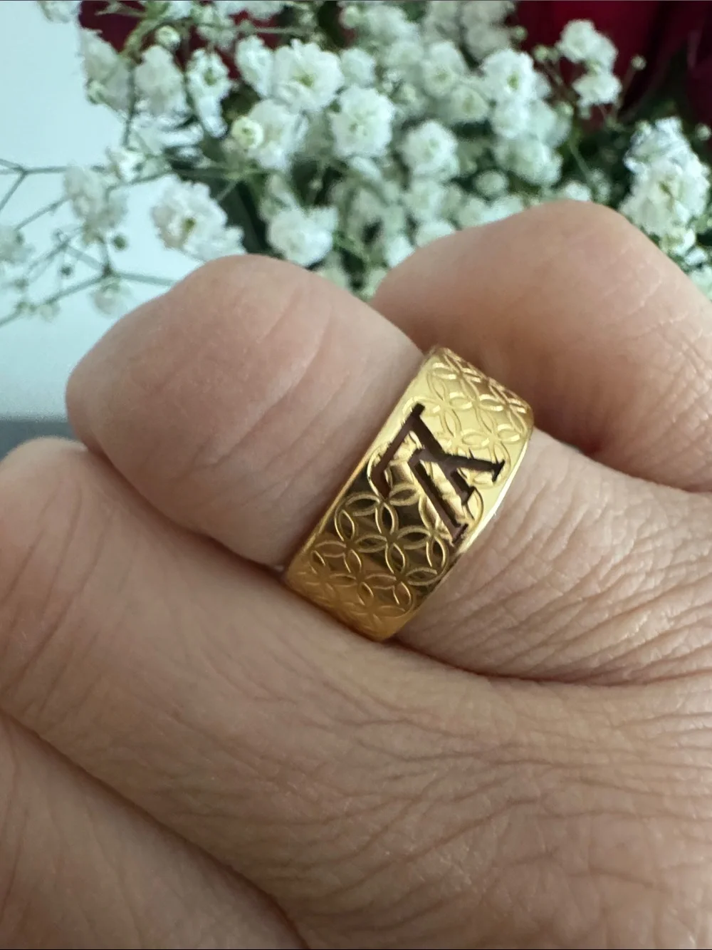 Louis Vuitton Gold Embossed Monogram Wide Band Ring
